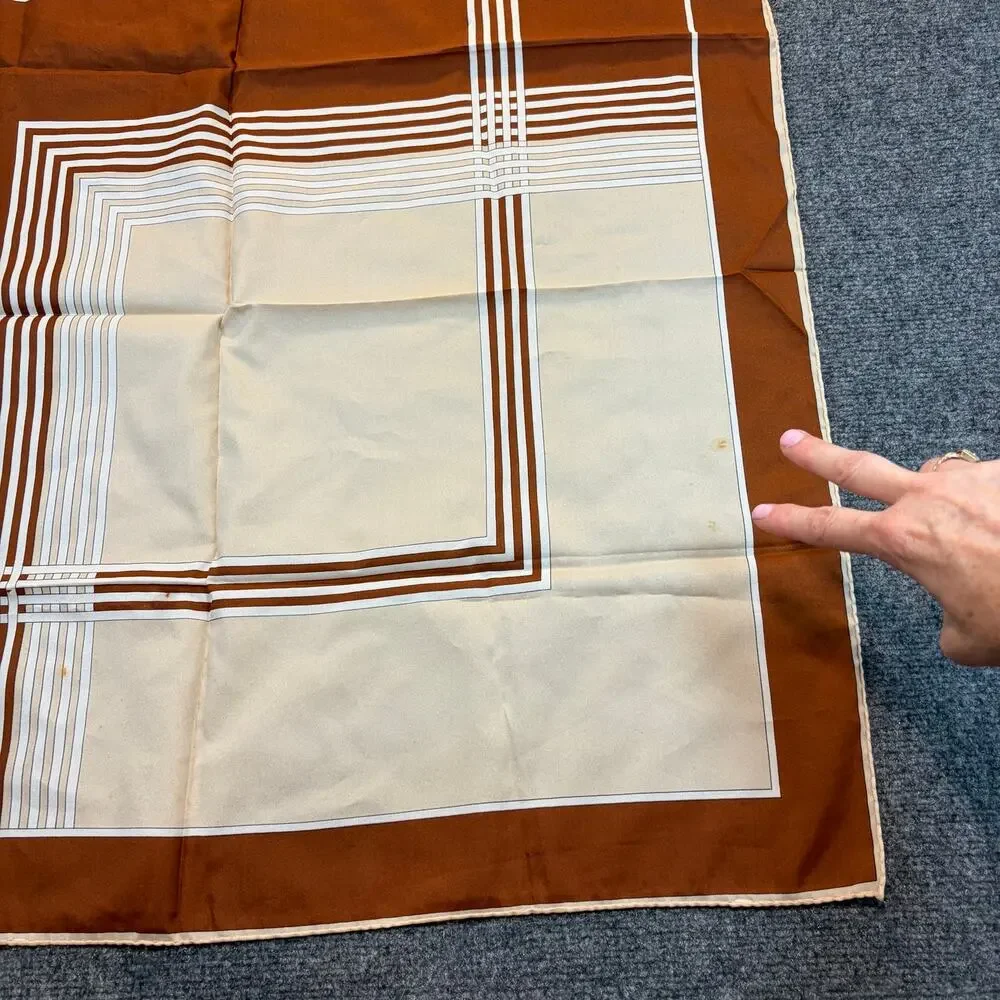 Vintage Leonardi Italy Brown Cream Geometric Striped Signed Square Scarf Silk
